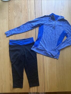 Blue Half-Zip Athletic Pullover with Black Capri Leggings